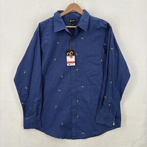 Haggar Shirt Mens Large Blue Holiday Santa Martini Print Cotton Long Sleeve NWT